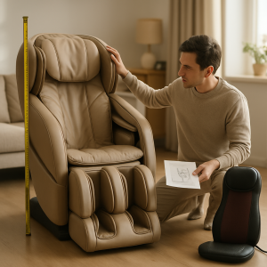 A person compares full-size and compact massage chairs in a living room, with a
