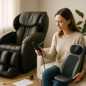 A woman checks the controls and size of a massage chair beside a compact